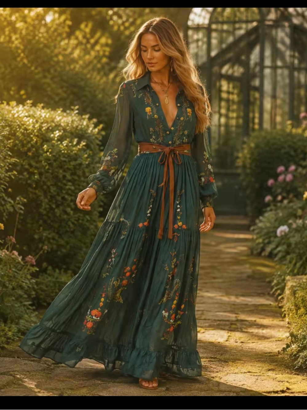 Bohemian Floral Maxi Dress - Teal Green